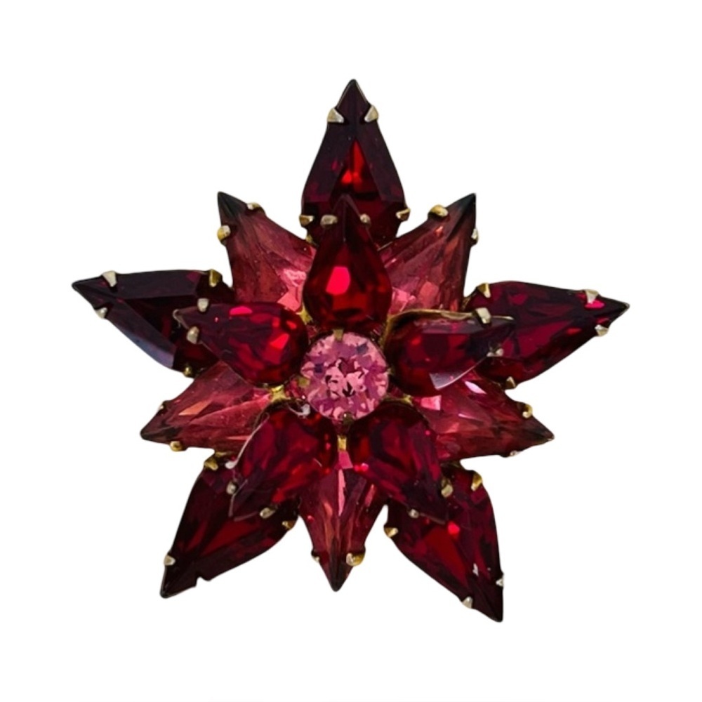 Vintage 60s Red and Pink Gemstone Brooch Signed by Weiss